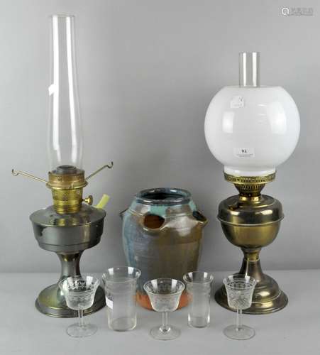 A collection of assorted wares including two oil lamps,