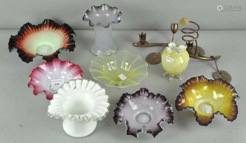 A collection of early coloured milk glass ruffled bowls,