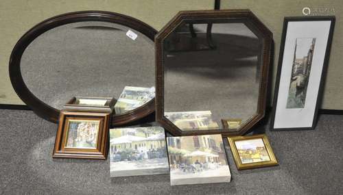 An oak cornered cut rectangular bevelled glass mirror;