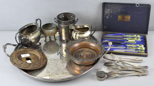 A collection of silver plate, to include a tray, flatware, wine bottle coaster and other items,