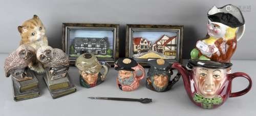 A collection of assorted Toby jugs along with two Owl bookends and other items,