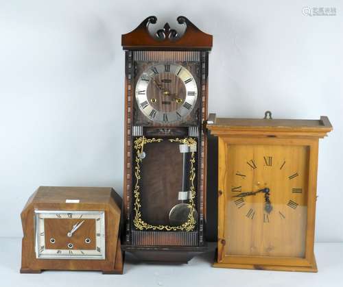 A Deco mantel clock, pine wall clock and Japanese wall clock.