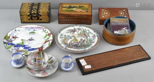 A collection of assorted wares including two Russian boxes, two other boxes, costume jewellery,