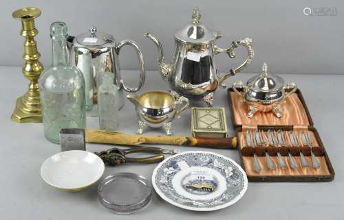 A collection of assorted metalware, to include a brass candlestick,