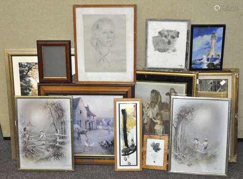 A selection of pictures together with a gilt framed mirror, H 51cm,