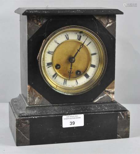 A Slate and marble mantle clock, with roman numerals on enamel denoting hours,