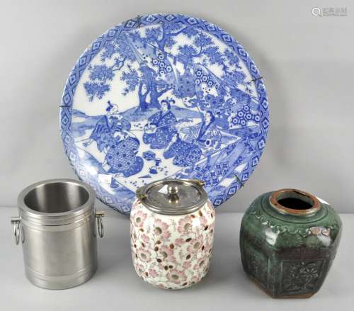 A Chinese blue and white charger and other items