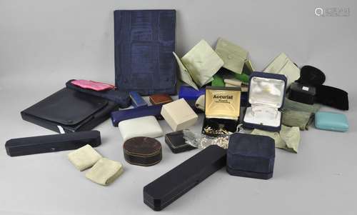 A large collection of jewellery boxes, watch boxes and pouches.