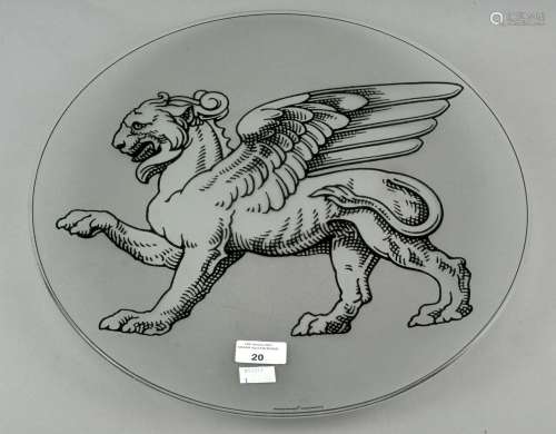 A Wedgwood 'Contrasts' glass charger depicting a griffin to front,