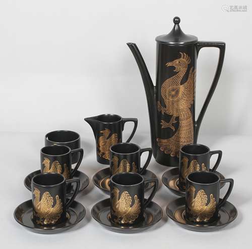 A Portmeirion 'Phoenix' pattern coffee service, printed gilt marks, designed by John Cuffley,