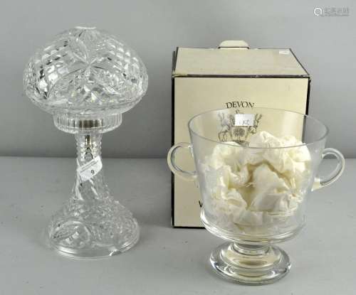 A crystal glass lamp together with Wedgwood crystal ice bucket in original box,