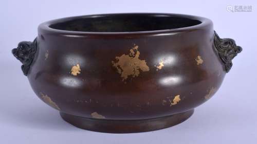 A CHINESE QING DYNASTY GOLD SPLASH BRONZE CENSER with Buddhistic lion handles. 15 cm wide, internal