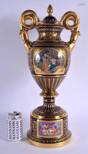 A LARGE LATE 19TH CENTURY GERMAN DRESDEN PORCELAIN VASE AND COVER of exhibition quality, painted wit