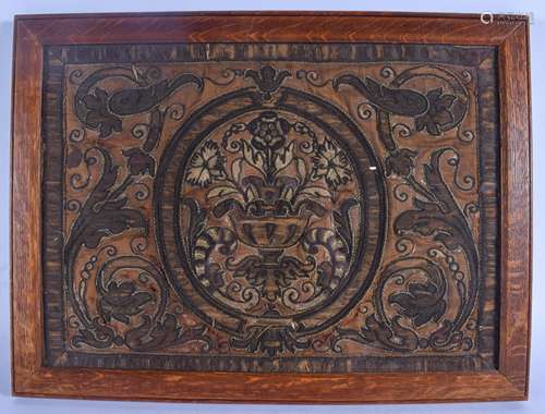 A 17TH/18TH CENTURY EUROPEAN SILK AND LINEN EMBROIDERED PANEL depicting stylised urns and foliage. S