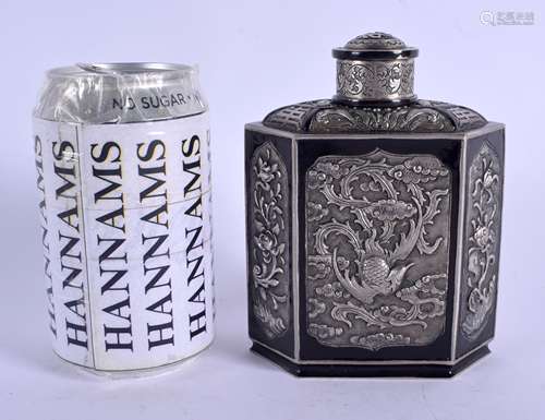 A RARE 19TH CENTURY CHINESE EXPORT SILVER TEA CADDY Late Qing, enamelled in black, the body decorate