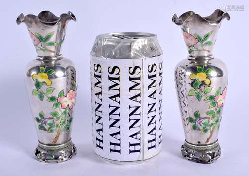 A VERY RARE PAIR OF LATE 19TH CENTURY CHINESE ENAMELLED SILVER VASES possibly by Bao Cheng, Beijing,