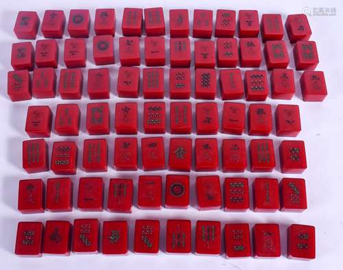 A RARE SET OF ART DECO CATALIN BAKELITE MAH-JONG SET of cherry red colour. (76 pieces)