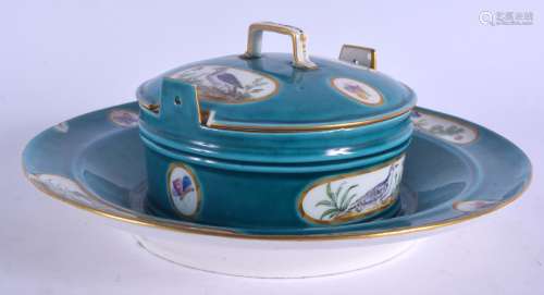 A MATCHING 18TH/19TH CENTURY FRENCH SEVRES PORCELAIN BUTTER TUB AND COVER painted with gilt cased pa