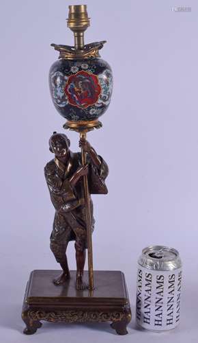 A 19TH CENTURY JAPANESE MEIJI PERIOD BRONZE AND CLOISONNE ENAMEL OKIMONO converted to a lamp, in the