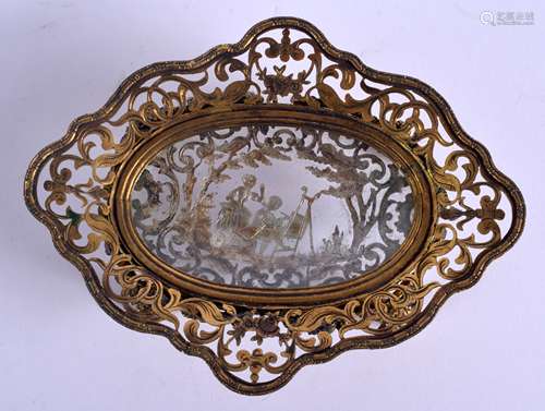 A RARE 18TH/19TH CENTURY NORTHERN EUROPEAN SILVER INLAID CRYSTAL TAZZA with French gilt metal frame.