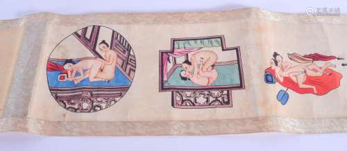 A LONG EARLY 20TH CENTURY CHINESE INK EROTIC WATERCOLOUR SCROLL Late Qing/Republic, modelled with fi