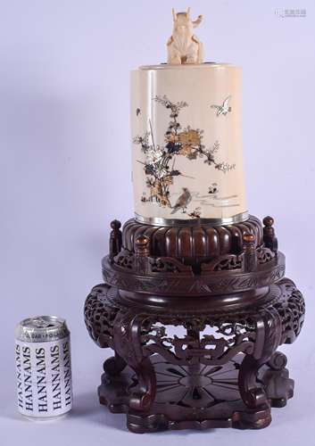 A LARGE 19TH CENTURY JAPANESE MEIJI PERIOD CARVED SHIBAYAMA IVORY TUSK VASE AND COVER with silver mo