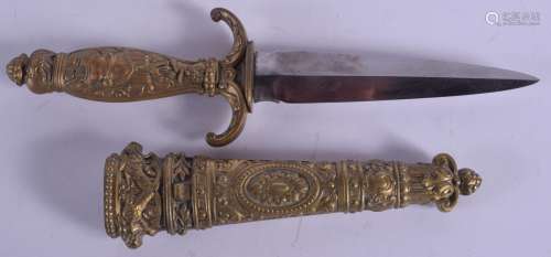 A 19TH CENTURY EUROPEAN BRONZE HANDLED DAGGER modelled in the 17th/18th century style, decorated wit