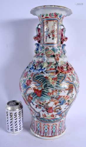 A LARGE 19TH CENTURY CHINESE CANTON FAMILLE ROSE VASE Qing, painted with warriors within a landscape