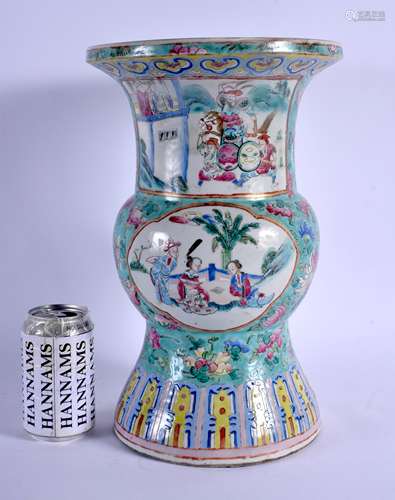 A LARGE 19TH CENTURY CHINESE FAMILLE ROSE PORCELAIN GU FORM VASE Qing, painted with figures and flow