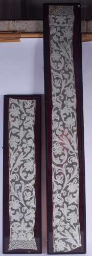 TWO 17TH CENTURY CONTINENTAL LACE PANELS. Largest 145 cm x 13 cm. (2)