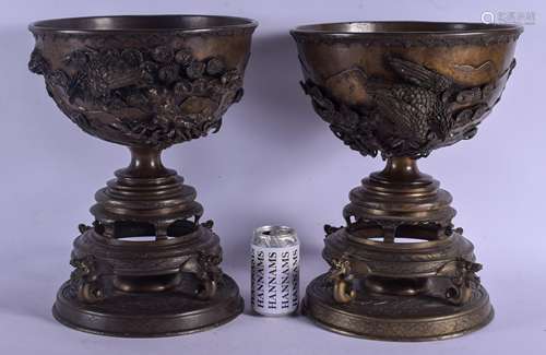 A LARGE PAIR OF 19TH CENTURY JAPANESE MEIJI PERIOD BRONZE VASES ON STANDS with unusual silver and go