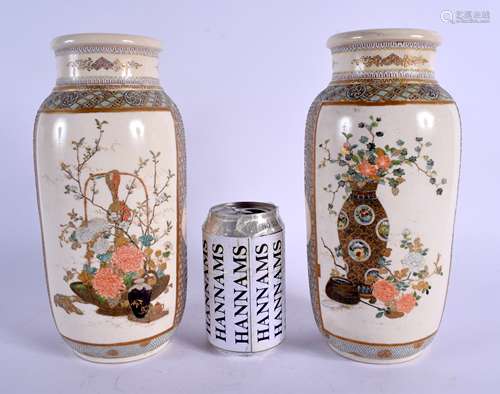 A PAIR OF 19TH CENTURY JAPANESE MEIJI PERIOD SATSUMA VASES painted with bonzai trees and high tables