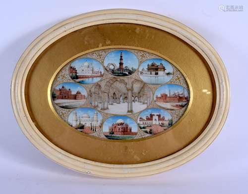 A LARGE 19TH CENTURY INDIAN PAINTED IVORY LANDSCAPE MONUMENT MINIATURE painted with various building