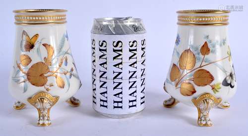 A PAIR OF 19TH CENTURY ROYAL WORCESTER AESTHETIC MOVEMENT VASES jewelled in white enamel, painted wi