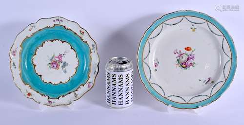 TWO 18TH CENTURY CHELSEA DERBY PORCELAIN PLATES painted upon a turquoise blue border. Largest 22 cm