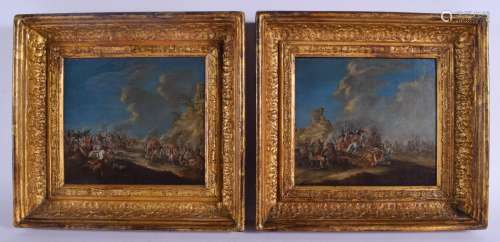 After Philips Wouwerman (1619-1668) Pair of Oil on canvas, Battle Scenes, Gilt frames. Image 20 cm x