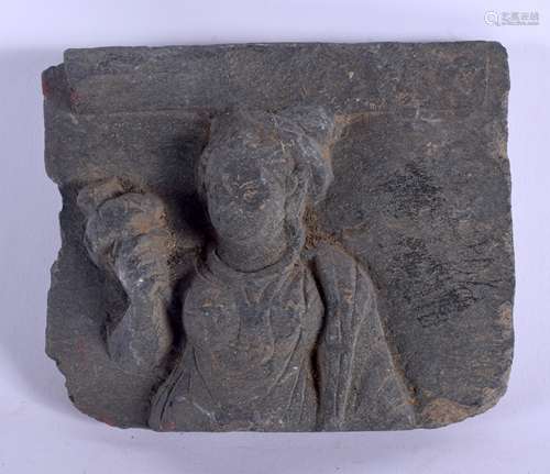 AN EARLY INDIAN CARVED SCHIST METAMORPHIC ROCK CARVING representing a buddhistic deity. 11 cm x 9 cm