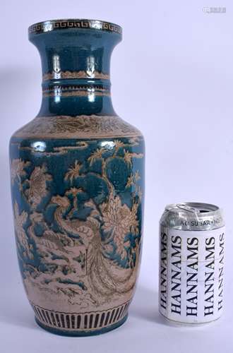 A 19TH CENTURY CHINESE GREEN GLAZED PORCELAIN ROULEAU VASE bearing Kangxi marks to base, painted wit