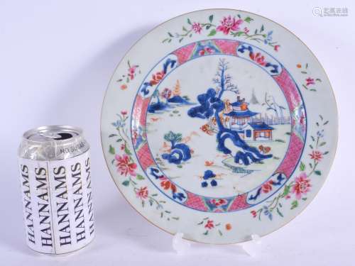 AN 18TH CENTURY CHINESE FAMILLE ROSE CLOBBERED PORCELAIN PLATE Qianlong, painted with landscapes. 21