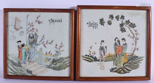 A PAIR OF EARLY 20TH CENTURY CHINESE FAMILLE ROSE PORCELAIN TILES Qing/Republic, painted with figure