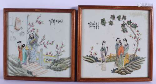 A PAIR OF EARLY 20TH CENTURY CHINESE FAMILLE ROSE PORCELAIN TILES Qing/Republic, painted with figure