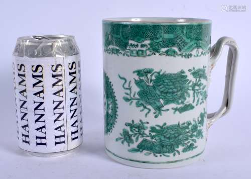 A RARE 18TH CENTURY CHINESE EXPORT GREEN ENAMELLED PORCELAIN MUG Qianlong, painted with moths and fl
