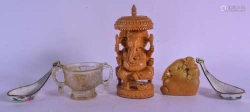AN EARLY 20TH CENTURY CHINESE CARVED SOAPSTONE SEAL together with a rock crystal libation cup etc. L