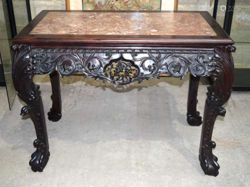 A RARE LARGE 19TH CENTURY CHINESE EUROPEAN STYLE HONGMU HARDWOOD CONSOLE TABLE Qing, with marble pan