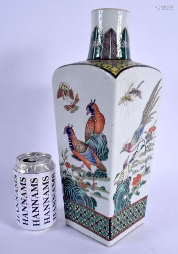 A LARGE 19TH CENTURY CHINESE FAMILLE VERTE PORCELAIN SQUARE FORM VASE Qing, bearing Qianlong marks t