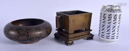 AN UNUSUAL MIDDLE EASTERN NIELLO TYPE BRASS CENSER together with a Chinese bronze censer on stand. R