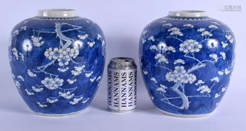 A LARGE PAIR OF 19TH CENTURY CHINESE BLUE AND WHITE PORCELAIN GINGER JARS Qing, bearing Kangxi marks