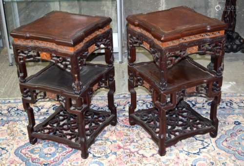 A FINE AND RARE PAIR OF 19TH CENTURY CHINESE HONGMU AND SANDALWOOD STANDS Qing, of very unusual form