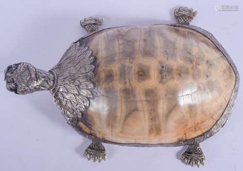 A RARE 18TH/19TH CENTURY TIBETAN SILVER MOUNTED TORTOISE modelled roaming with fur like motifs wrapp