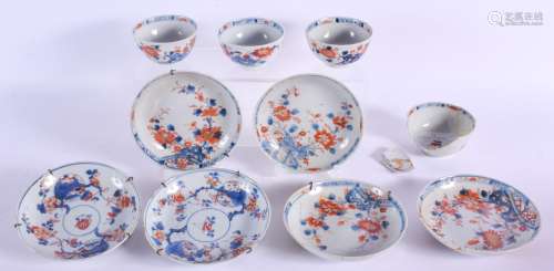 FOUR EARLY 18TH CENTURY CHINESE EXPORT IMARI TEABOWLS AND SAUCERS Yongzheng/Qianlong, painted with f